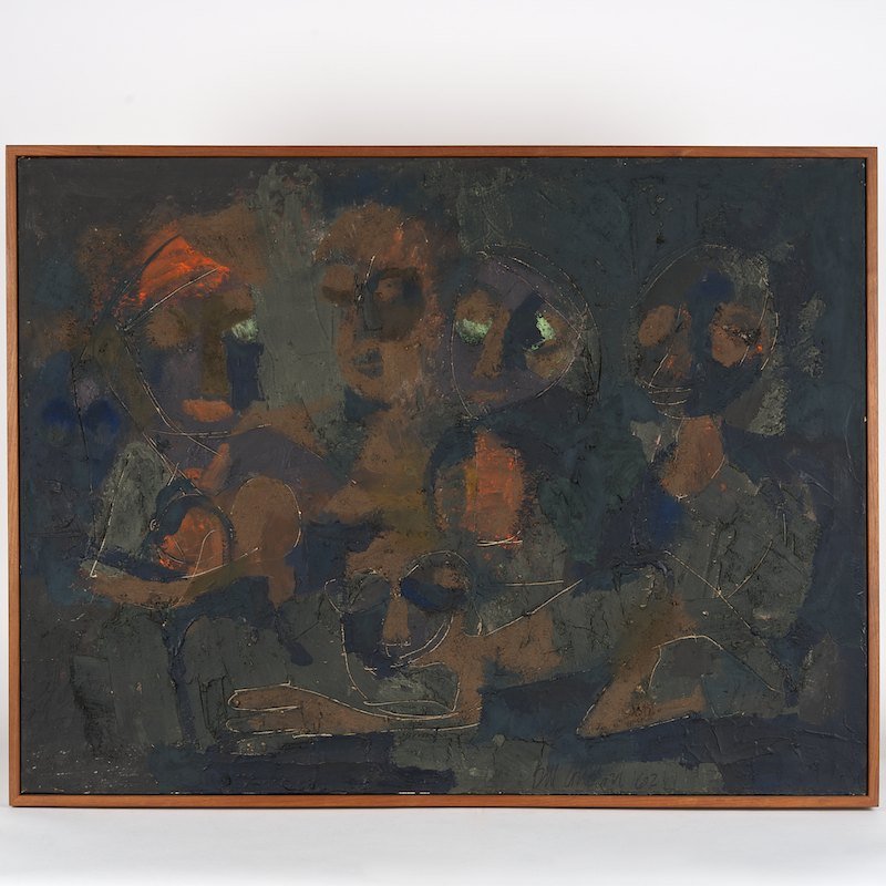 Bill Condon (1923-1998, American), painting: Bill Condon (1923-1998, American), painting, Three figures, 1962, oil and sand on canvas, signed and dated "Bill Condon '62", lower center, 30" x 40.25" (stretcher), strip frame