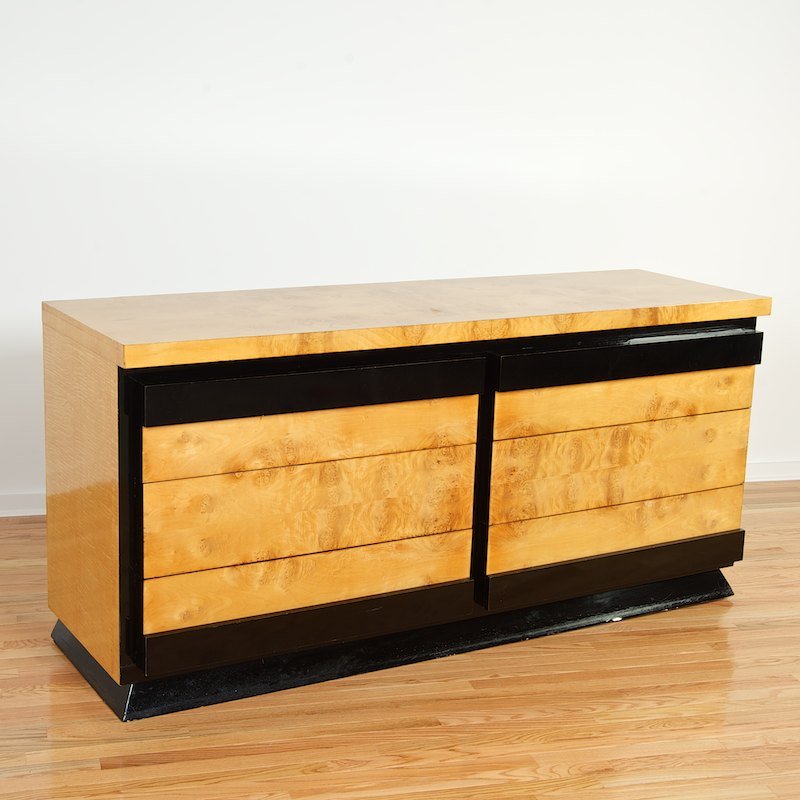Paul Frankl style birch and ebonized wood dresser: Paul Frankl style birch and ebonized wood dresser, 20th c., six drawers, unmarked, 34" x 72.5"l x 22"d