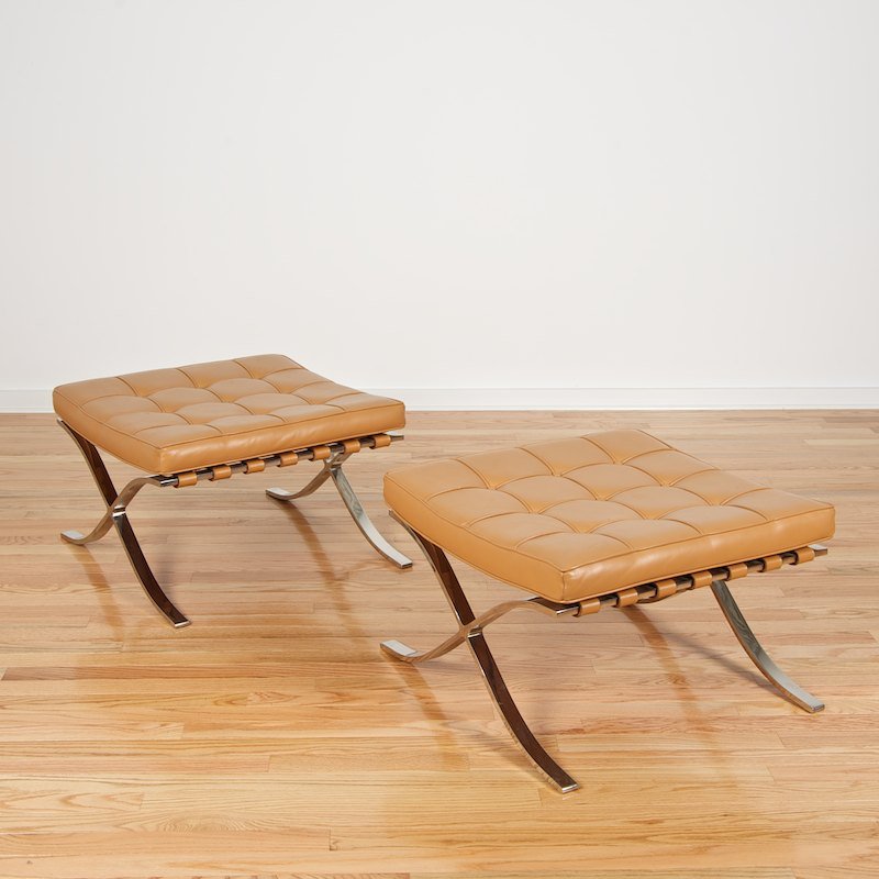 Pair Mies van der Rohe for Knoll Barcelona stools: Pair Mies van der Rohe for Knoll Barcelona stools, Circa 1970/80s, saddle leather cushions, unmarked, 15"h x 24"w x 22"d
