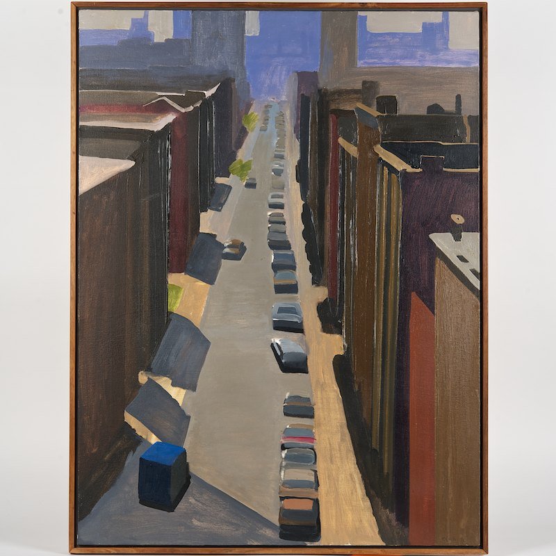William Clutz (b.1933, American), painting: William Clutz (b.1933, American), painting, "Street from Above (Summer)", 1976, oil on canvas, signed and dated "Clutz 76", lower right, 40" x 30" (stretcher), strip frame Provenance: Property from a 