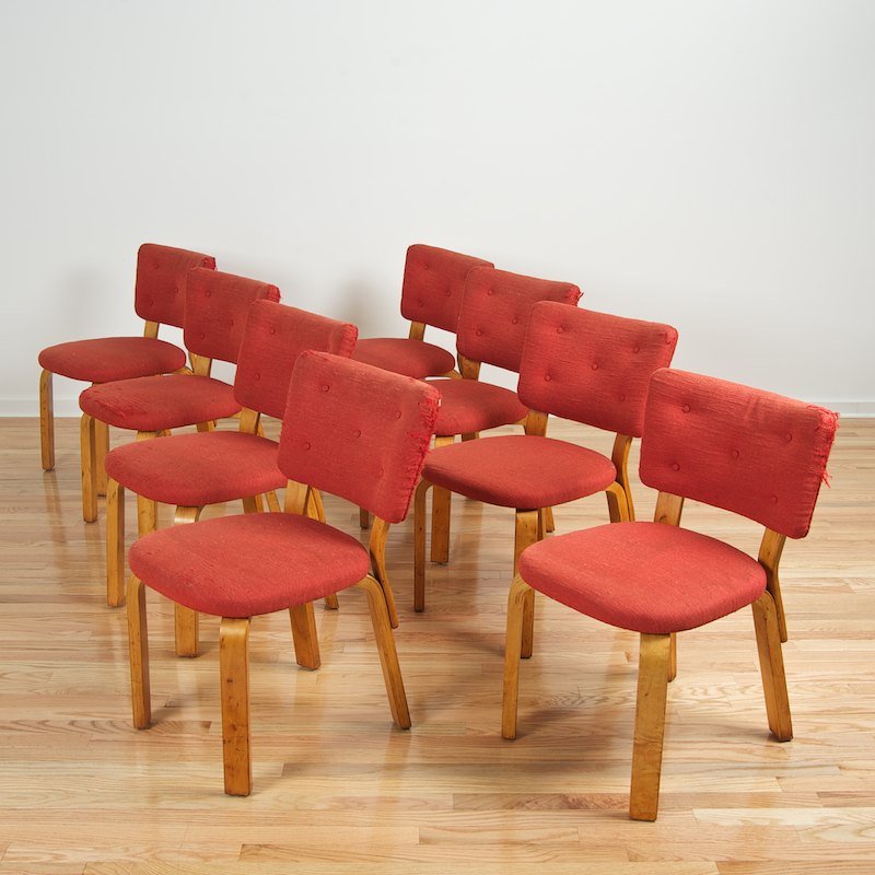 Set (8) Alvar Aalto for Artek birch dining chairs: Set (8) Alvar Aalto for Artek birch dining chairs, Circa 1960s, original red twill upholstery, 29"h x 19.5"w x 19"d