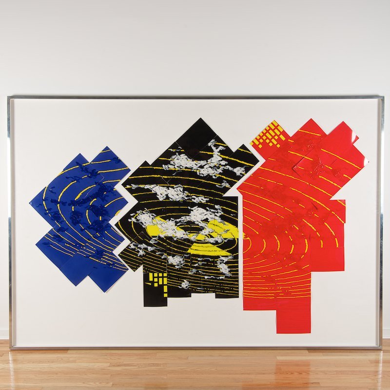 Benni Efrat (b. 1936, Israeli), large painting: Benni Efrat (b. 1936, Israeli), large painting, "Fact Finder Fall 2035 (Morse Code: Past)", acrylic on photographic paper collage, 70" x 106", framed Provenance: Property from a major corporate art co