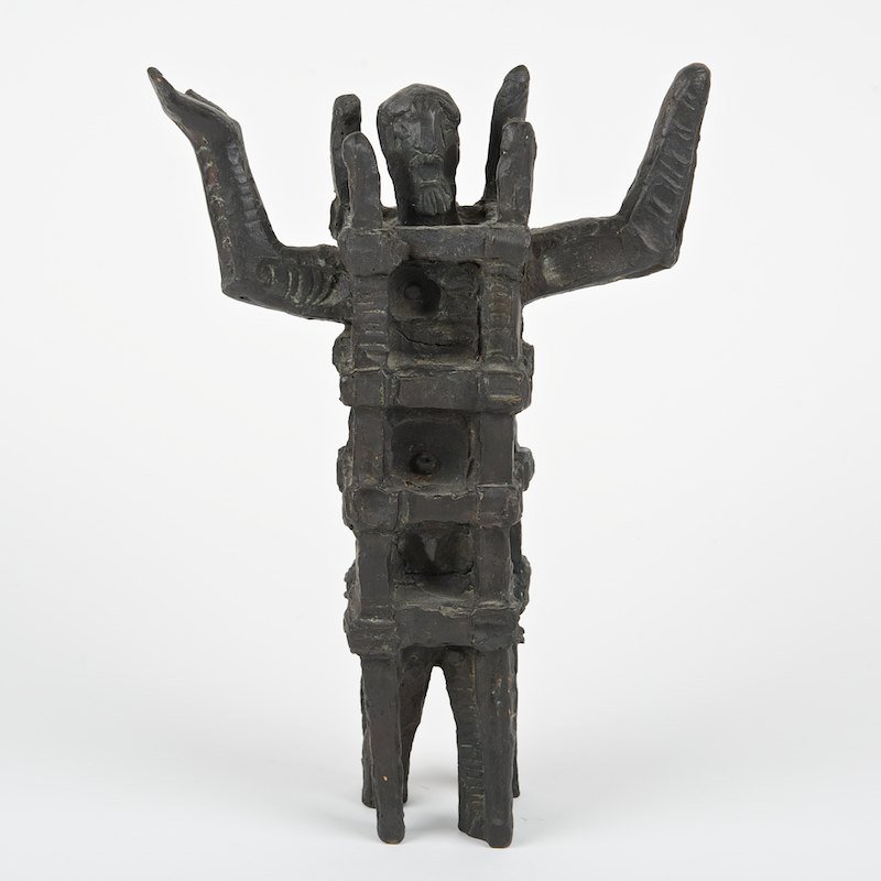 Attrib. to Mane Katz (1894-1962, French/Ukrainian),: Attrib. to Mane Katz (1894-1962, French/Ukrainian), bronze, Figure with outstretched arms, bronze with dark brown patina, signed "MK", 13.5"h x 9"w x 3"d