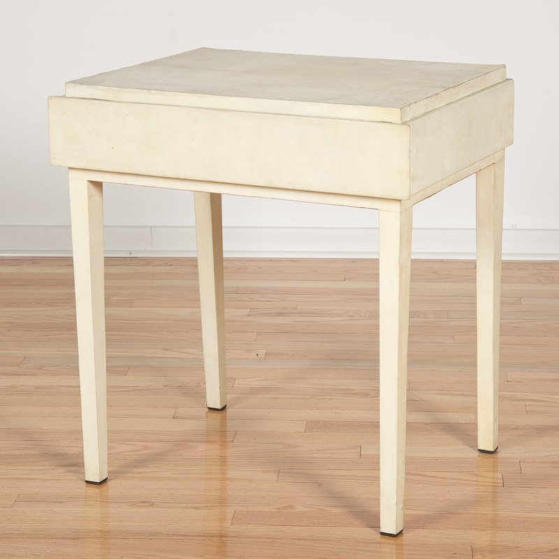 R & Y Augousti parchment wrapped side table: R & Y Augousti parchment wrapped side table, Circa 1970s/80s, 24"h x 22"w x 16.5"d