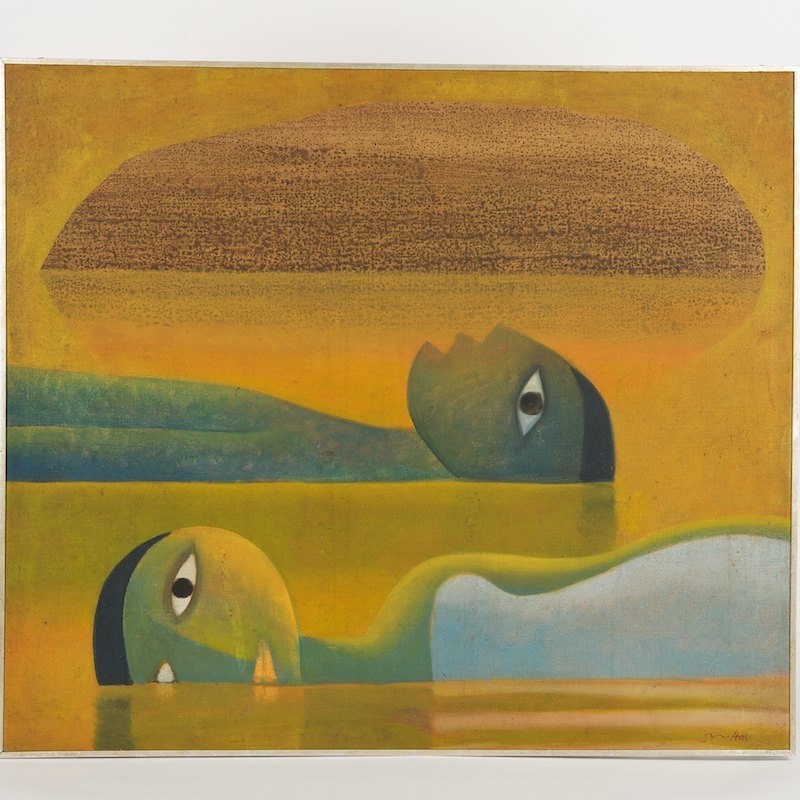 Khoo Sui-Hoe (b. 1939, Malaysian), painting: Khoo Sui-Hoe (b. 1939, Malaysian), painting, "Two Sleeping Bathers", oil on canvas, signed "Sui Hoe", lower right, ink stamped and dated "Aug 14 61" verso, 25.5" x 29.5" (sight), framed