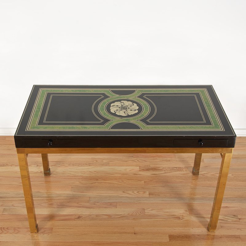 Karl Springer style inlaid lacquer and brass desk: Karl Springer style inlaid lacquer and brass desk, Circa 1970s, unmarked, black velour lined drawers, 30.5"h x 48.25"l x 24"d