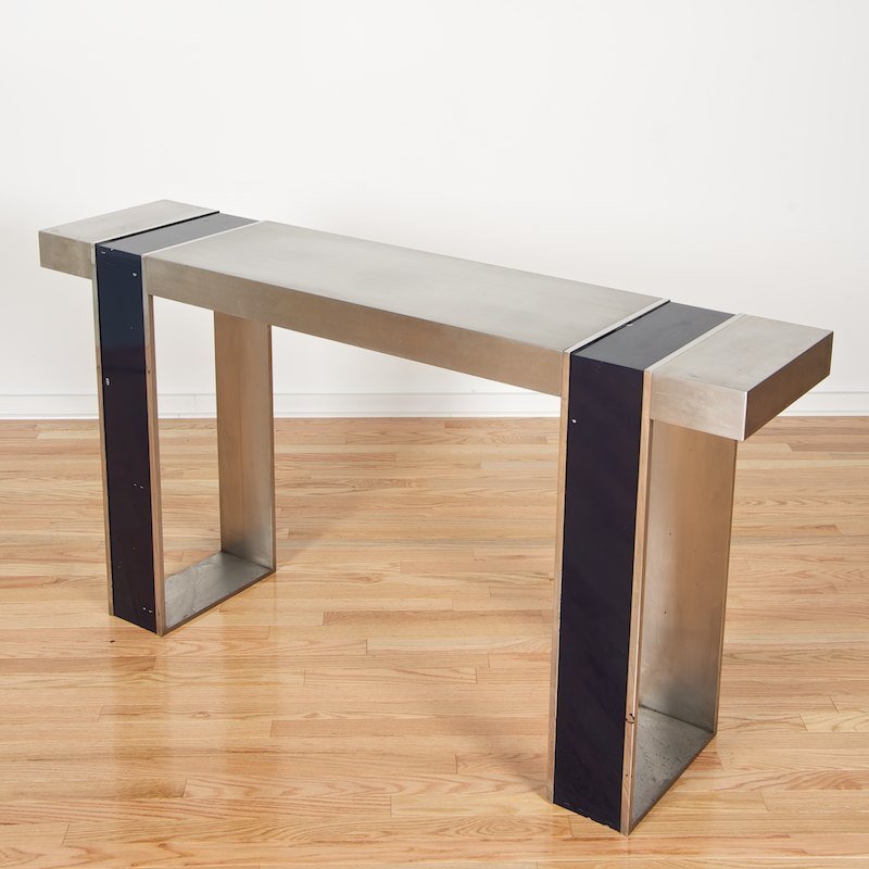Stainless and enamel console attrib. to Leon Rosen: Stainless and enamel console attrib. to Leon Rosen, Circa 1970s, blue enameled supports, 32"h x 60.5"l x 14"d