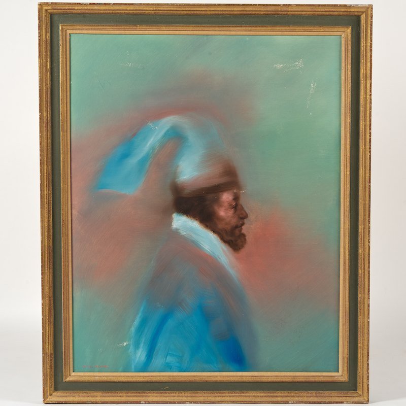 Rafael Coronel (b. 1932, Mexican), painting: Rafael Coronel (b. 1932, Mexican), painting, "Tintoreto" (man with unusual hat), acrylic or oil on canvas, signed "Rafael Coronel", lower left, 39" x 30" (sight), framed