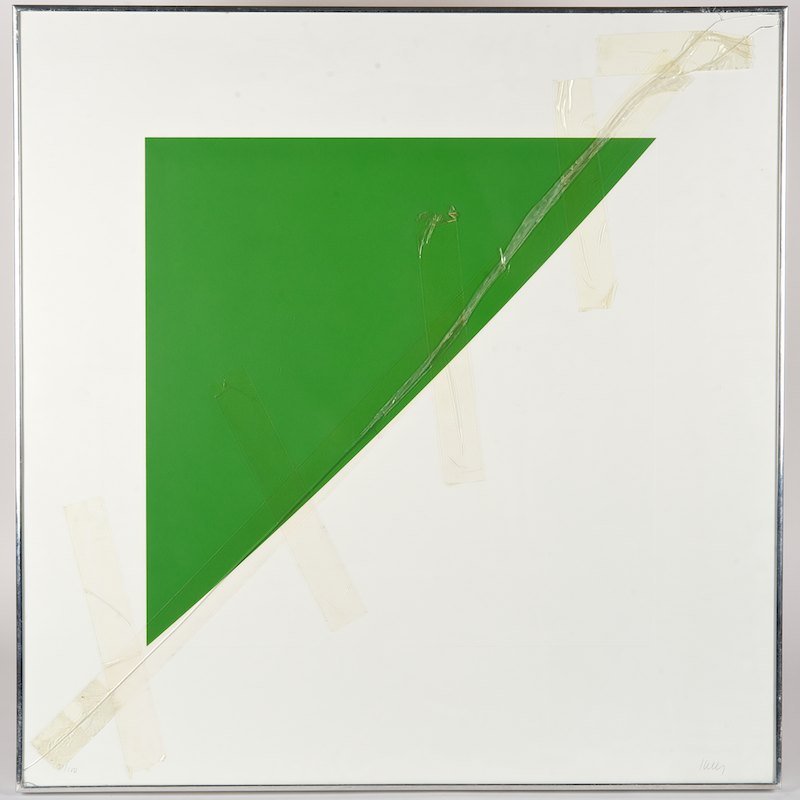 Ellsworth Kelly (b. 1923, American), lithograph: Ellsworth Kelly (b. 1923, American), lithograph, "Green Curve with Radius of 20'" from For Meyer Schapiro portfolio, lithograph with embossing on paper, pencil signed and numbered 51/100, blindstamped