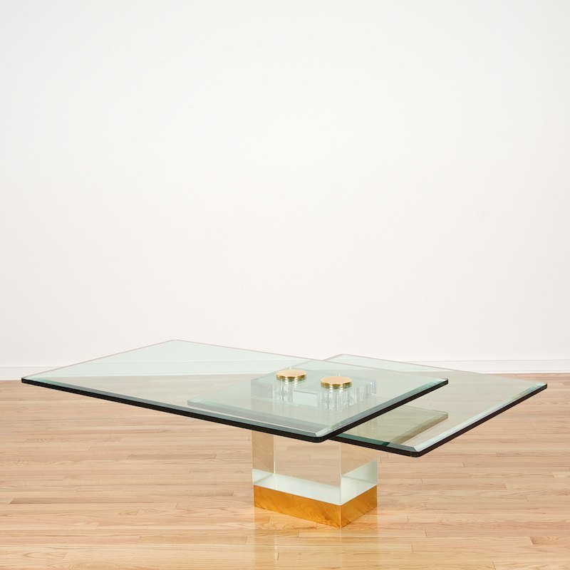 Leon Frost for Lion in Frost acrylic coffee table: Leon Frost for Lion in Frost acrylic coffee table, Circa 1970/80s, overlapping glass tops, brass base and caps, signed "Lion in Frost", 17.5"h x 55"l x 44.5"w (outermost dimensions)
