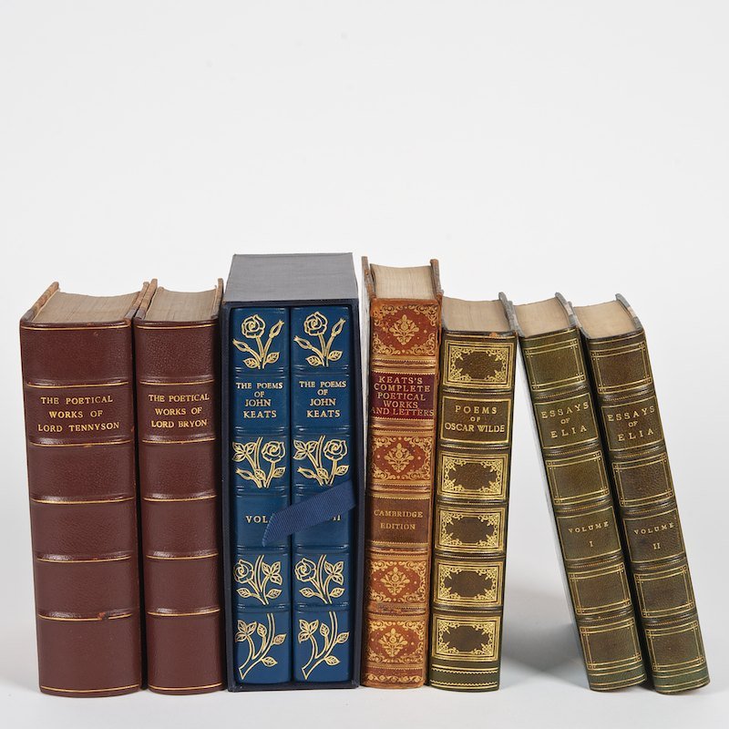 Books: Group of (8) volumes. British Literature: Books: Group of (8) volumes. British Literature, Group of (8) volumes of British literature. Authors comprising Keats, Lamb, Byron, Tennyson, and Wilde. 20th century. 8vo., full and half morocco, one 