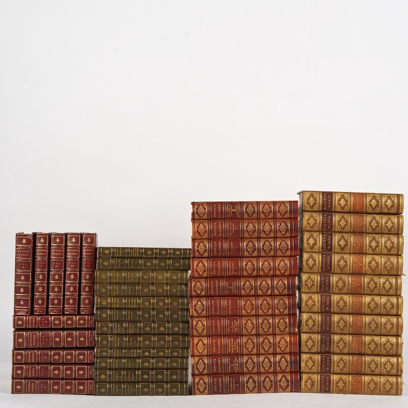 Books: Four leather-bound sets: Books: Four leather-bound sets, Collected works of 4 authors: J. Austen (10 vols, 1906); Lord Byron (10 vols., 1854); J.R. Lowell (12 vols., 1895); G. Flaubert (10 vols., 1904)