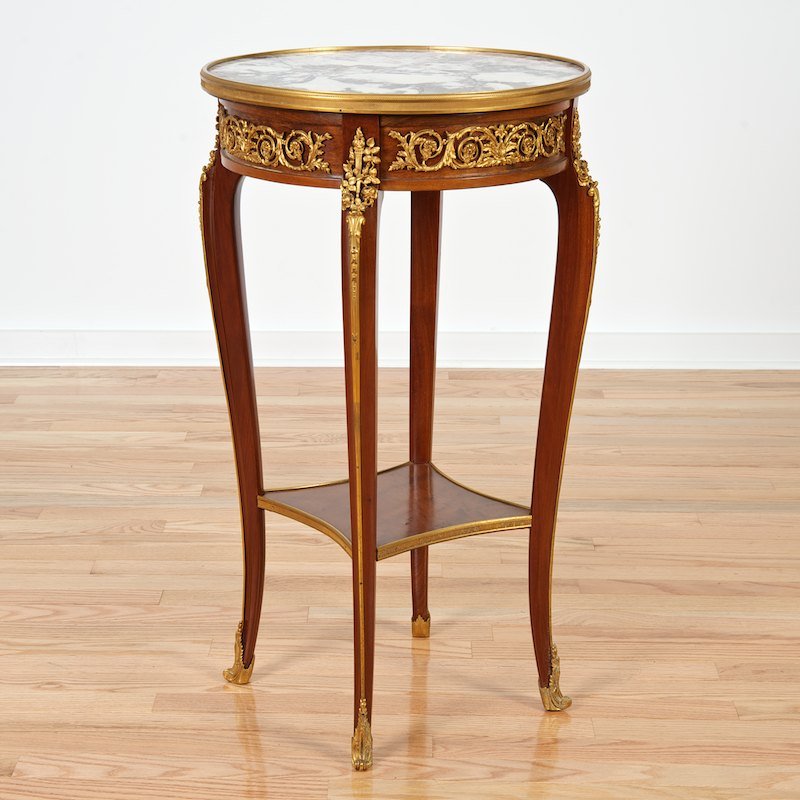Linke style Louis XV/XVI style bronze mounted gueridon: Linke style Louis XV/XVI style bronze mounted gueridon, 19th/20th c., circular marble top, floral mounts, 30"h x 17.25"dia.