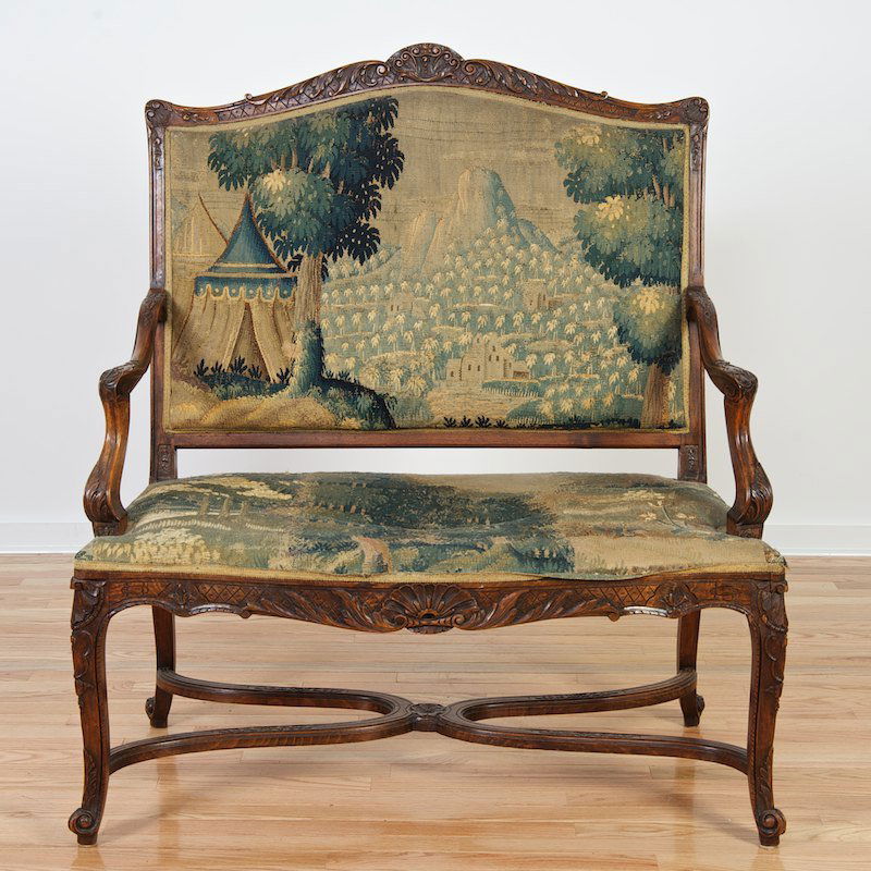 Regence style settee with Flemish tapestry seating: Regence style settee with Flemish tapestry seating, 17th c. and later, 45"h x 40.5"l x 22"d