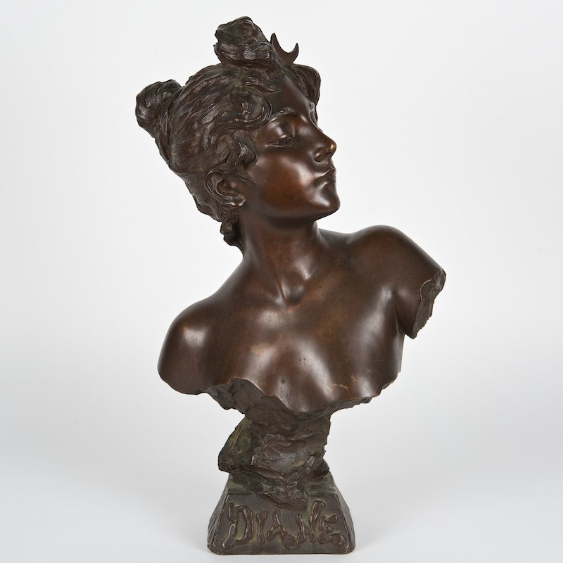 Emmanuel Villanis (1858-1914, French), 24-inch bronze: Emmanuel Villanis (1858-1914, French), 24-inch bronze, "Diane", bronze with brown patina, signed "E. Villanis", Societe des Bronzes foundry seal, 24"h x 14"w x 7"d