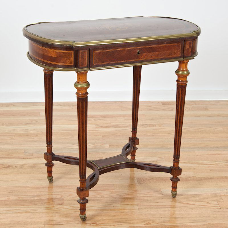 Louis XVI style marquetry table de toilette: Louis XVI style marquetry table de toilette, 19th c., nice quality, bronze mounted, with engraved lock plate and hinges, 28.5"h x 28"w x 16.5"d