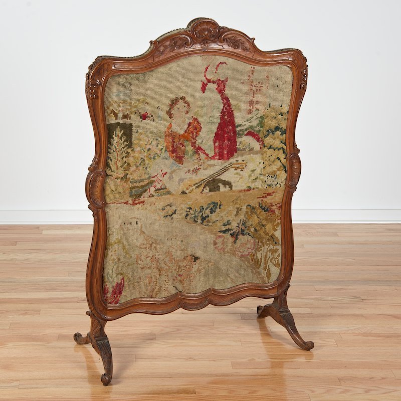 Louis XV carved walnut and needlepoint fire screen: Louis XV carved walnut and needlepoint fire screen, 18th c., shell and leaf crest, 45"h x 30.5"w x 14.5"d