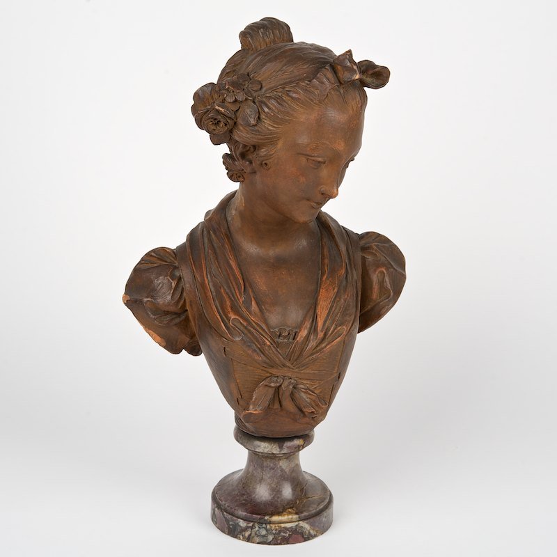 Jean-Baptiste Nini (1717-1786, French), terra cotta: Jean-Baptiste Nini (1717-1786, French), terra cotta bust, Bust of a woman, terra cotta, signed and dated "Nini Fecit - 1762", on marble socle, 16"h x 8.75"w