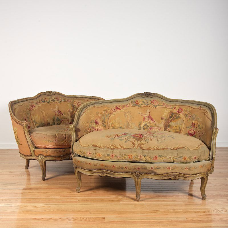Pair Louis XV style gray painted Aubusson canapes: Pair Louis XV style gray painted Aubusson canapes, Late 19th c., tapestry seating with loose cushions, 33"h x 51"l x 35"d
