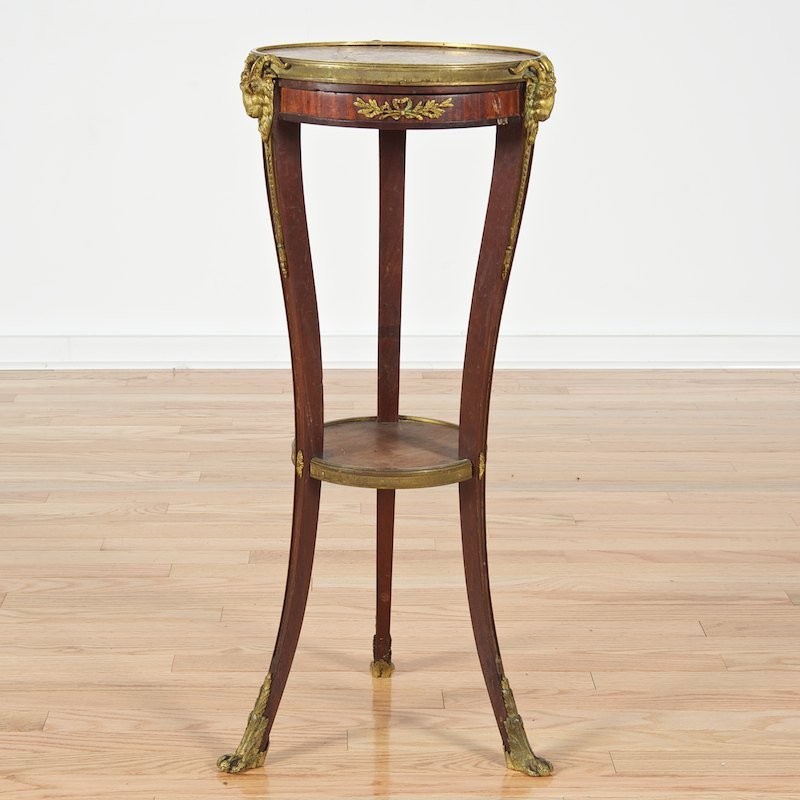 Nice Louis XVI style bronze mounted small gueridon: Nice Louis XVI style bronze mounted small gueridon, Late 19th/20th c., Parisian quality, circle of Linke, Beurdeley, and Millet, goat's head mounts, 31"h x 12.5"dia.