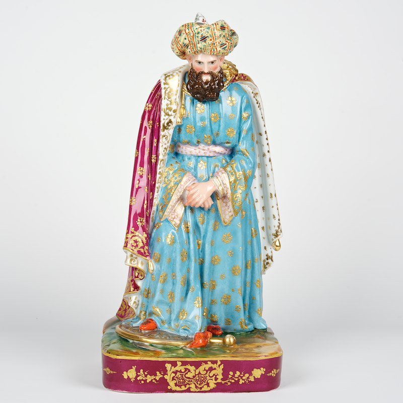 Large Paris porcelain Turk perfume bottle: Large Paris porcelain Turk perfume bottle, 19th c., possibly Jacob Petit, underglaze blue factory mark, raised gilded decoration, 16"h x 8"w x 7"d