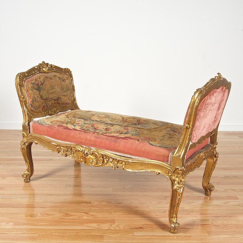 Antique Louis XV style giltwood Aubusson bench: Antique Louis XV style giltwood Aubusson bench, Late 19th c., pink ground tapestry, 34"h x 48"l x 25"d