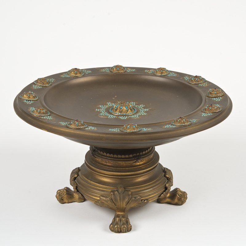 Restauration gilt bronze and jewelled tazza: Restauration gilt bronze and jewelled tazza, 19th c., 7"h x 12.5"dia.