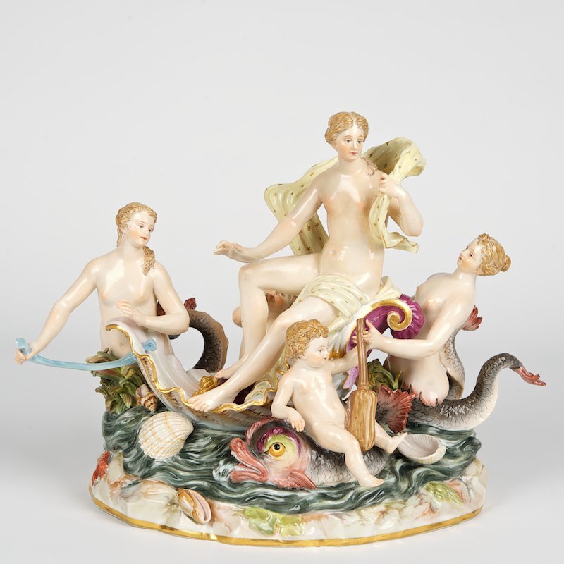 Antique Meissen porcelain mythological group: Antique Meissen porcelain mythological group, 19th/20th c., birth of Venus, impressed no. 101, underglaze blue factory mark, 9"h x 12"w x 7"d
