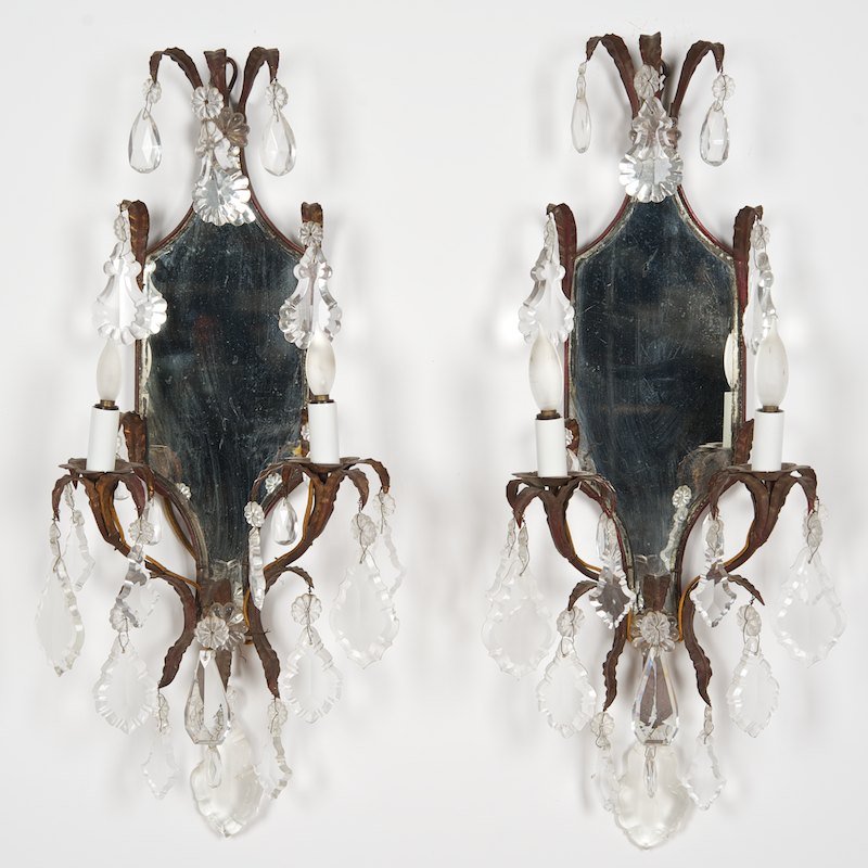 Pair Continental red tole and crystal wall sconces: Pair Continental red tole and crystal wall sconces, Early 20th c., 2-lights, 21"h x 9"w x 6"d