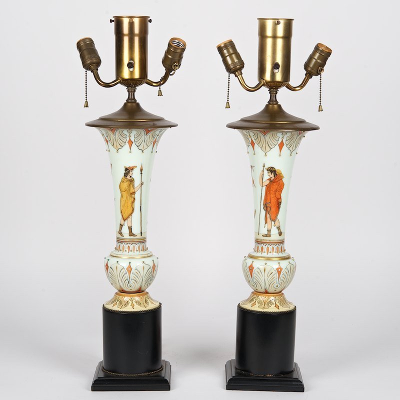 Pair Greek Revival jeweled opaline glass vase lamps: Pair Greek Revival jeweled opaline glass vase lamps, 19th c., enameled Neo-Grec decoration, 26"h x 5.5"squ. (total)