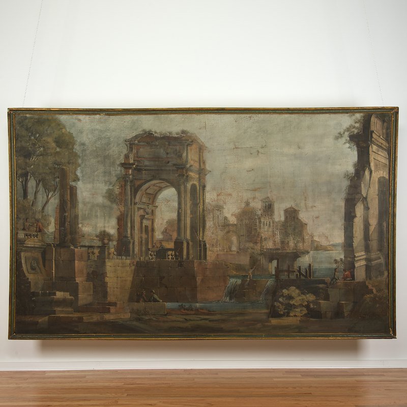 Style of Marco Ricci (18th/19th c.), large painting: Style of Marco Ricci (18th/19th c.), large painting, Capriccio with waterside ruins, oil on canvas, no signature found 67 x 113.5" (sight), framed