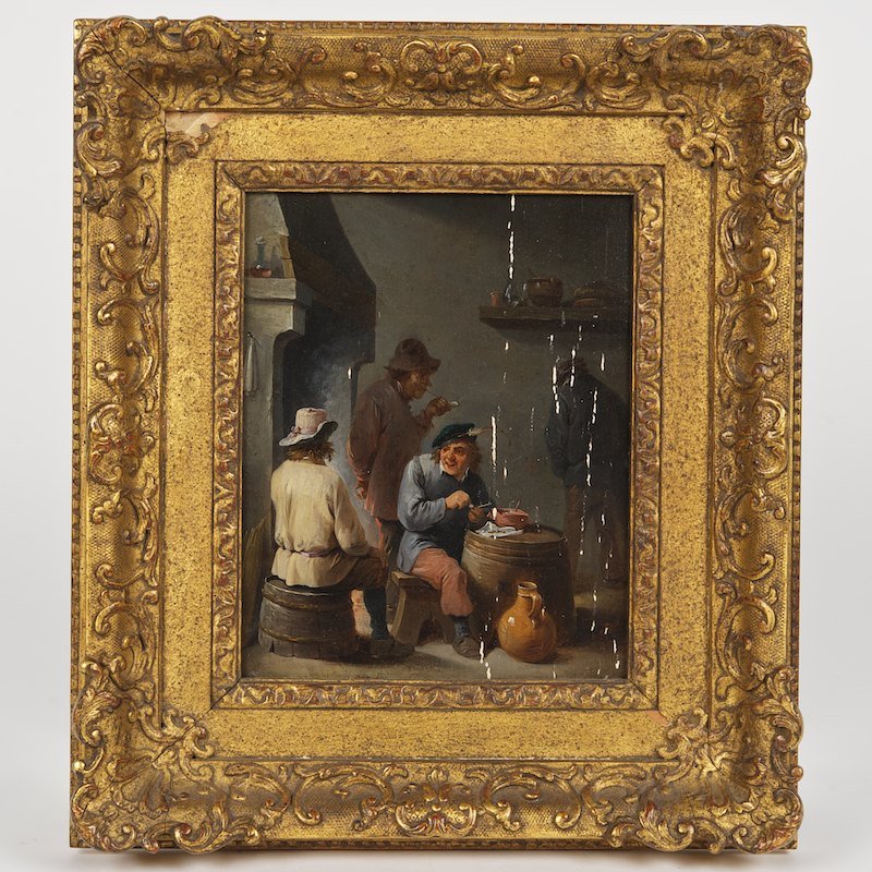 Circle of David Teniers II (1610-1690, Flemish),: Circle of David Teniers II (1610-1690, Flemish), painting, Tavern interior, oil on cradled panel, unsigned, 8" x 6.5" (sight), gilt frame