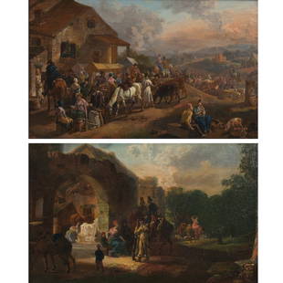 Circle Jean-Louis Demarne (1752-1829, French),: Circle Jean-Louis Demarne (1752-1829, French), paintings, A village fair and Soldiers halting at a farm, (2) oils on panel, no signature visible, 8" x 13" (sight), giltwood frames Provenance: Sotheby'