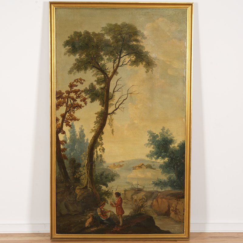 Circle of Francesco Zuccarelli (1702-1788, Italian),: Circle of Francesco Zuccarelli (1702-1788, Italian), painting, Figures in landscape, oil on canvas, no signature found, 65.5" x 37.25 (sight), gilt frame