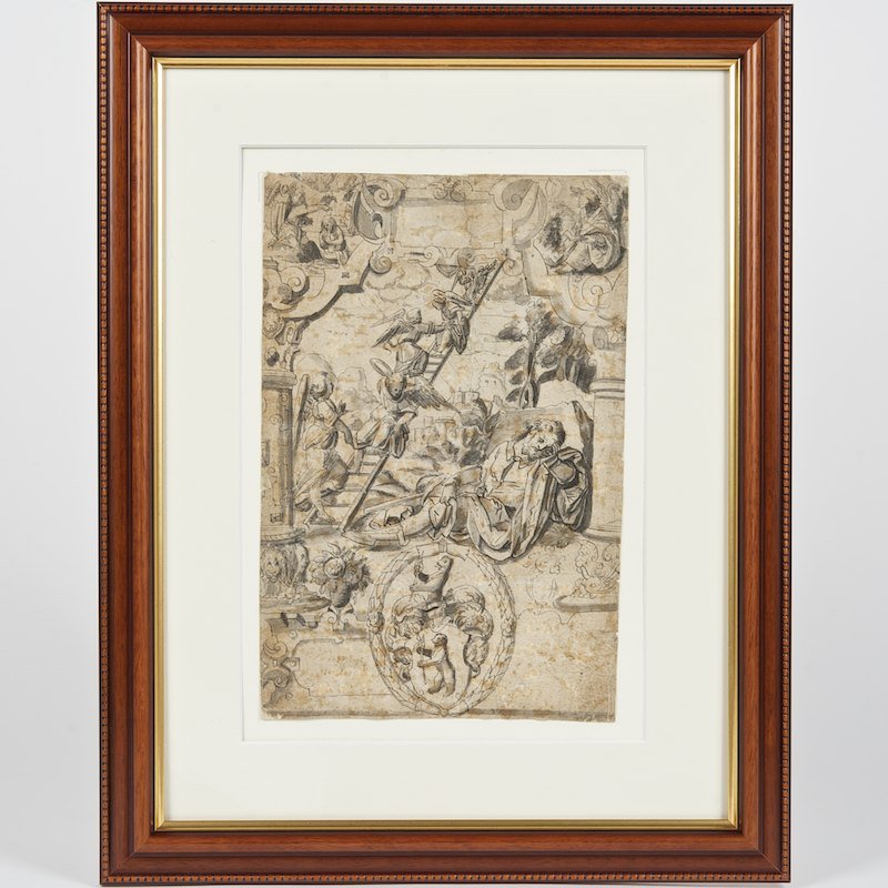 Follower of Tobias Stimmer (17th century), drawing: Follower of Tobias Stimmer (17th century), drawing, Design for a stained glass window: Jacob's Ladder, pen and ink and wash on paper, illegible inscriptions lower right and left, 12" x 7.75" (sheet), 