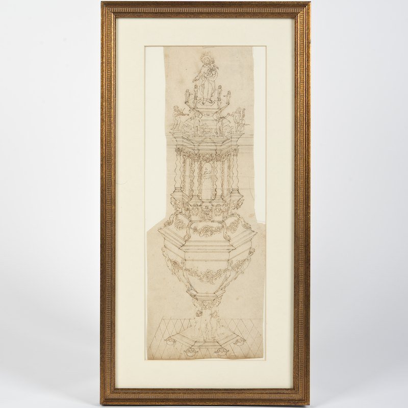 Northern School (17th century), drawing: Northern School (17th century), drawing, Study for a monstrance or tabernacle, pen and ink on paper, bears date "1683", illegible inscription center, 16" x 6" (sheet), framed under glass