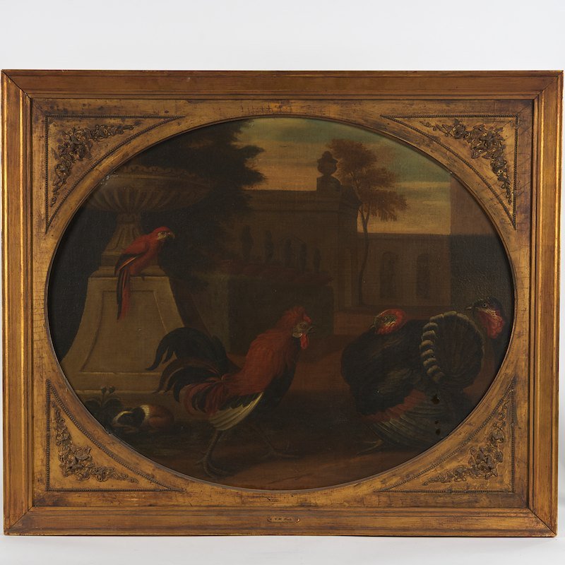 Follower of Melchior d'Hondecoeter (1636-1695, Dutch),: Follower of Melchior d'Hondecoeter (1636-1695, Dutch), painting, Rooster, turkeys, macaw and guinea pigs, oil on panel, no signature found, 28" x 34.75"(sight), framed, tagged on frame "C.W. Peale"