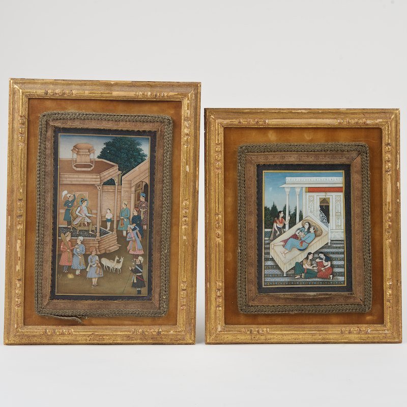 Mughal School (19th century), (2) paintings: Mughal School (19th century), (2) paintings, Jahgir lounging on a bed and holding court, gouache, unsigned, 7.5" x 5.75" (sight) and 10.25" x 6" (sight), matted and framed