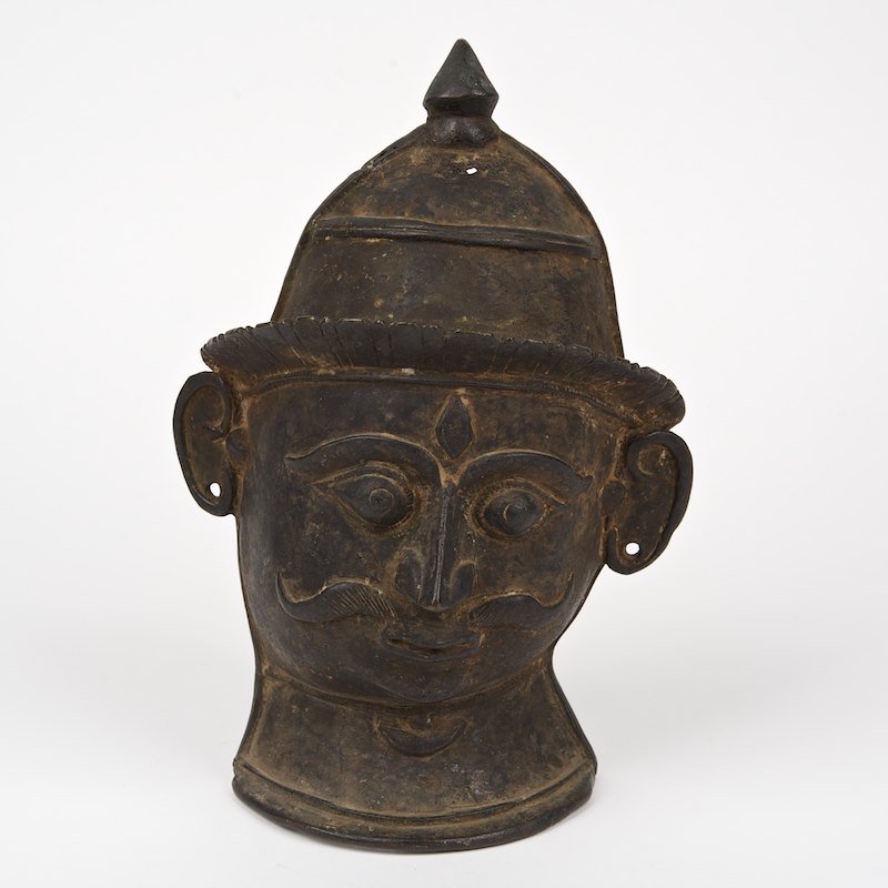 Antique Mughal bronze mask: Antique Mughal bronze mask, 17th/18th c., poss. Rajasthan, 10.25"w x 7.5"w x 3.75"d