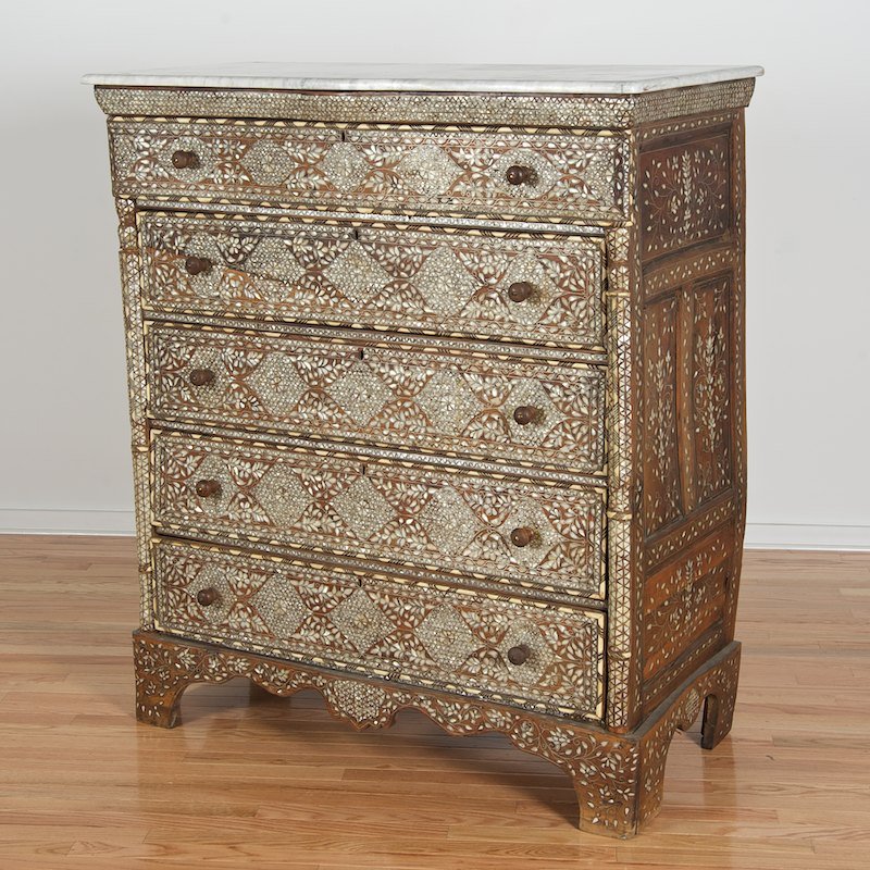 Syrian mother pearl, bone inlaid chest of drawers: Syrian mother pearl, bone inlaid chest of drawers, 19th/20th c., five graduated drawers, bracket feet, 51"h x 44.5"w x 22"d