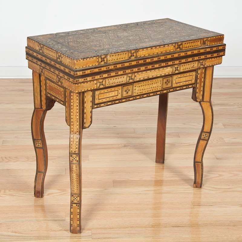 Antique Syrian bone, mother pearl inlaid games table: Antique Syrian bone, mother pearl inlaid games table, Late 19th/20th c., interior gaming well, 23.5"h x 24"l x 12"d