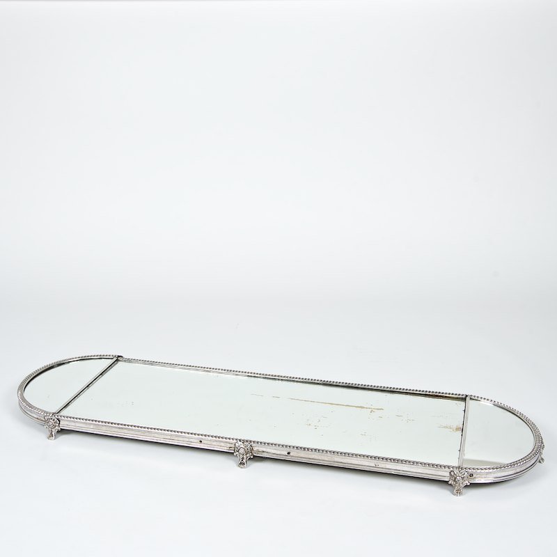 Victorian silver plated three-part mirrored plateau: Victorian silver plated three-part mirrored plateau, 19th c., poss. French, gadrooned edge, 36"l x 14"w (center section), 7"l x 14"w (end sections), 50"l (total)