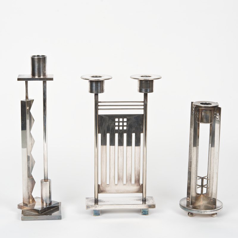 (3) Meier and Sotsass for Swid Powell candlesticks: (3) Meier and Sotsass for Swid Powell candlesticks, 20th c., 11"h x 5.5"w (largest), 9"h x 3.5"dia. (smallest)