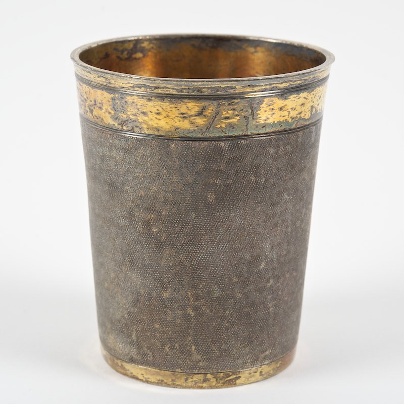 Antique Continental silver gilt beaker: Antique Continental silver gilt beaker, 17th/18th c., probably Augsburg, Germany, stipple and banded decoration, hallmarked, maker's mark "EB", 3.75"h x 3"dia., approx. 5.46 ozt.