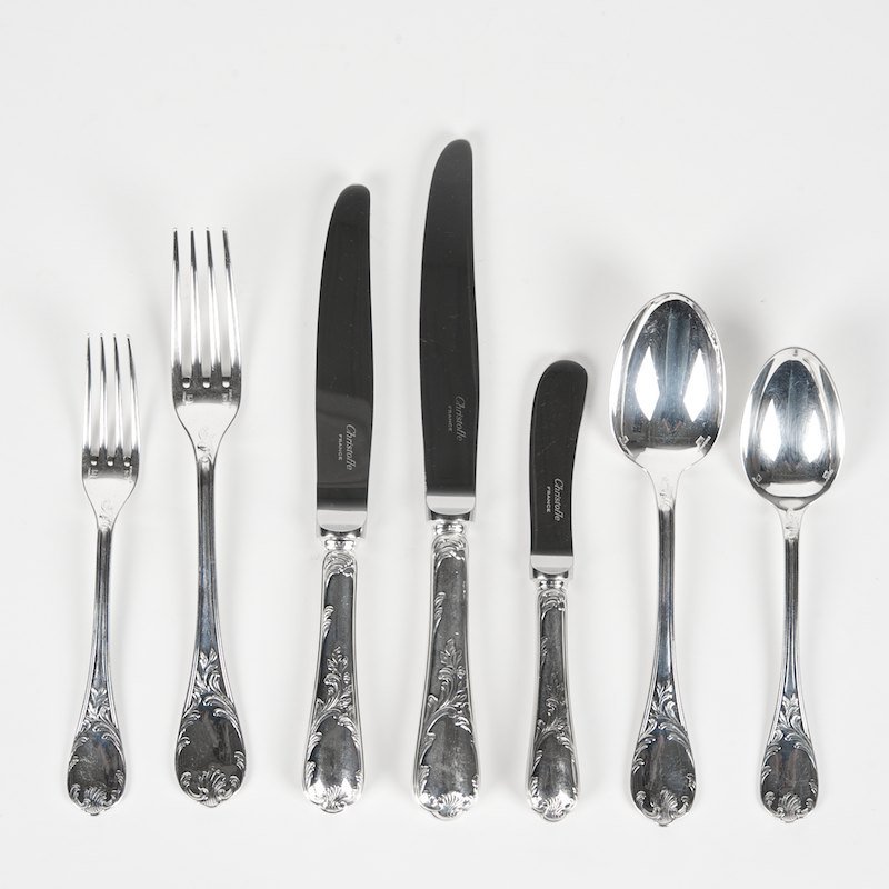 Extensive Christofle France Marly flatware service: Extensive Christofle France Marly flatware service, 20th c., including: (24) dinner knives; (24) lunch knives; (24) butter knives; (24) dinner forks; (24) lunch forks; (24) salad/dessert forks; (24) s