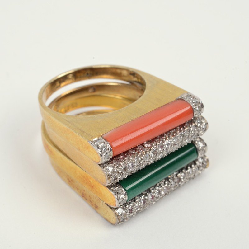 (4) 14k gold, diamond and gemstone stacking rings