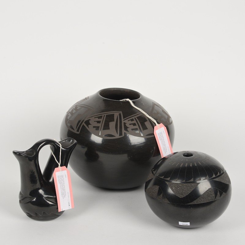 Group San Ildefonso, Santa Clara blackware pottery: Group San Ildefonso, Santa Clara blackware pottery, 20th c., (3) pcs., all signed, incl. Birdell, Juan Tafoya, and Frances Salazar, largest: 8"h x 9.25"dia., smallest: 6"h x 5.75"w
