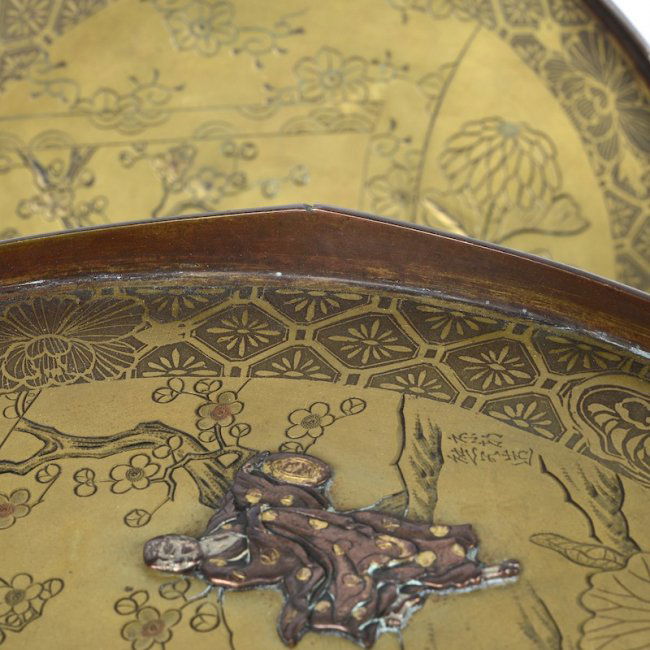 Pair fine signed antique Japanese bronze mixed metals dishes plates