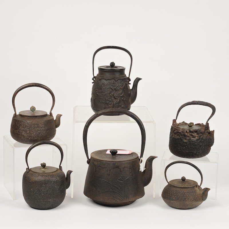 Collection (6) antique Japanese iron, bronze teapots May 23, 2014