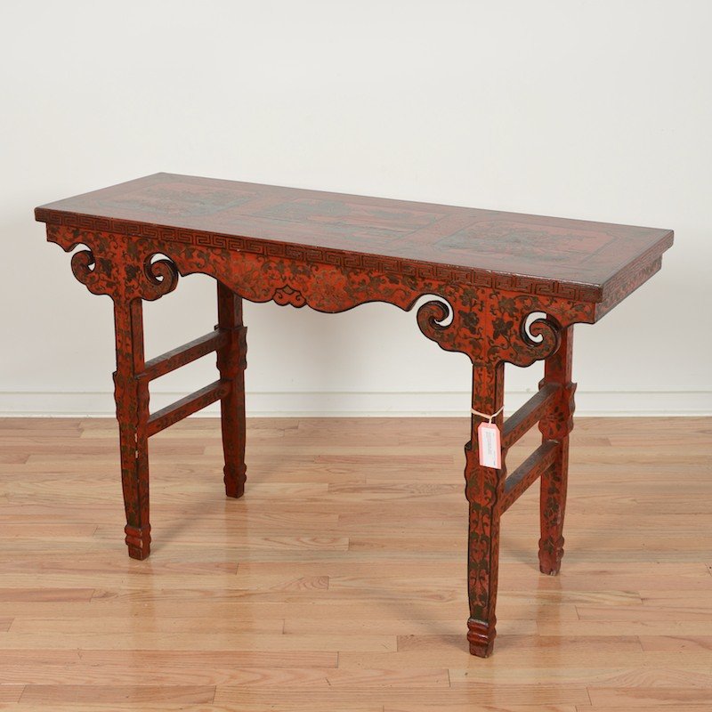 Old Chinese red lacquer altar table: Old Chinese red lacquer altar table, 19th/20th c., 30"h x 48"l x 17"d